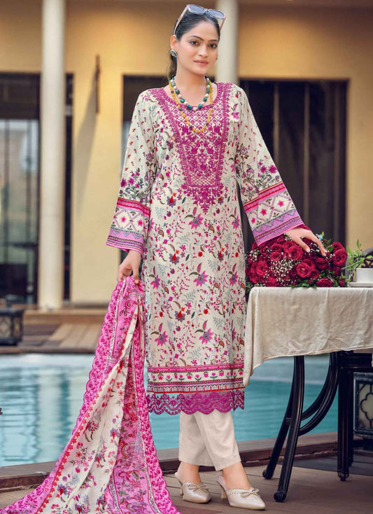 Cream Unstitched Cotton Pakistani Suit Material with Cutwork Dupatta