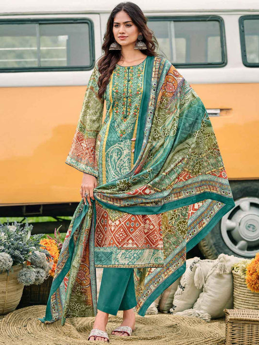 Green Pakistani Print Lawn Cambric Embroidered Unstitched Suit Material