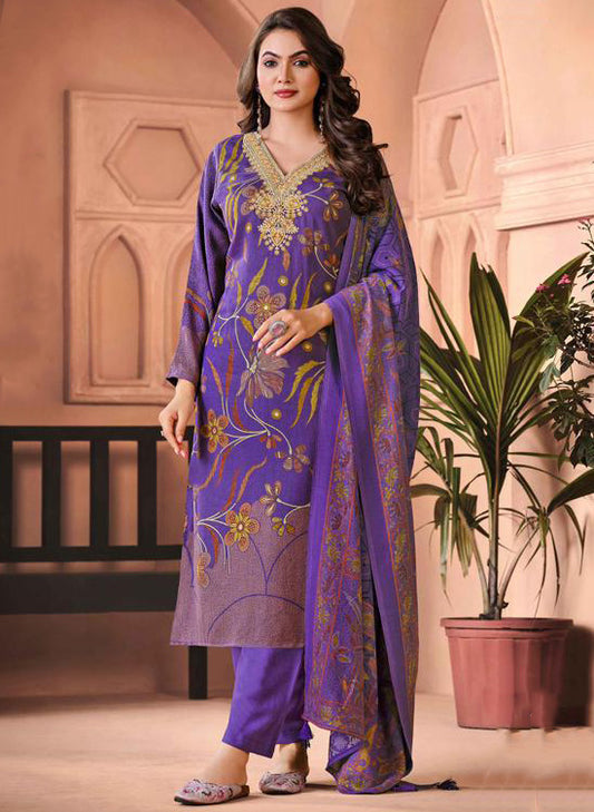 Viscose Pashmina Unstitched Winter Salwar Suit Dress Material with Embroidery