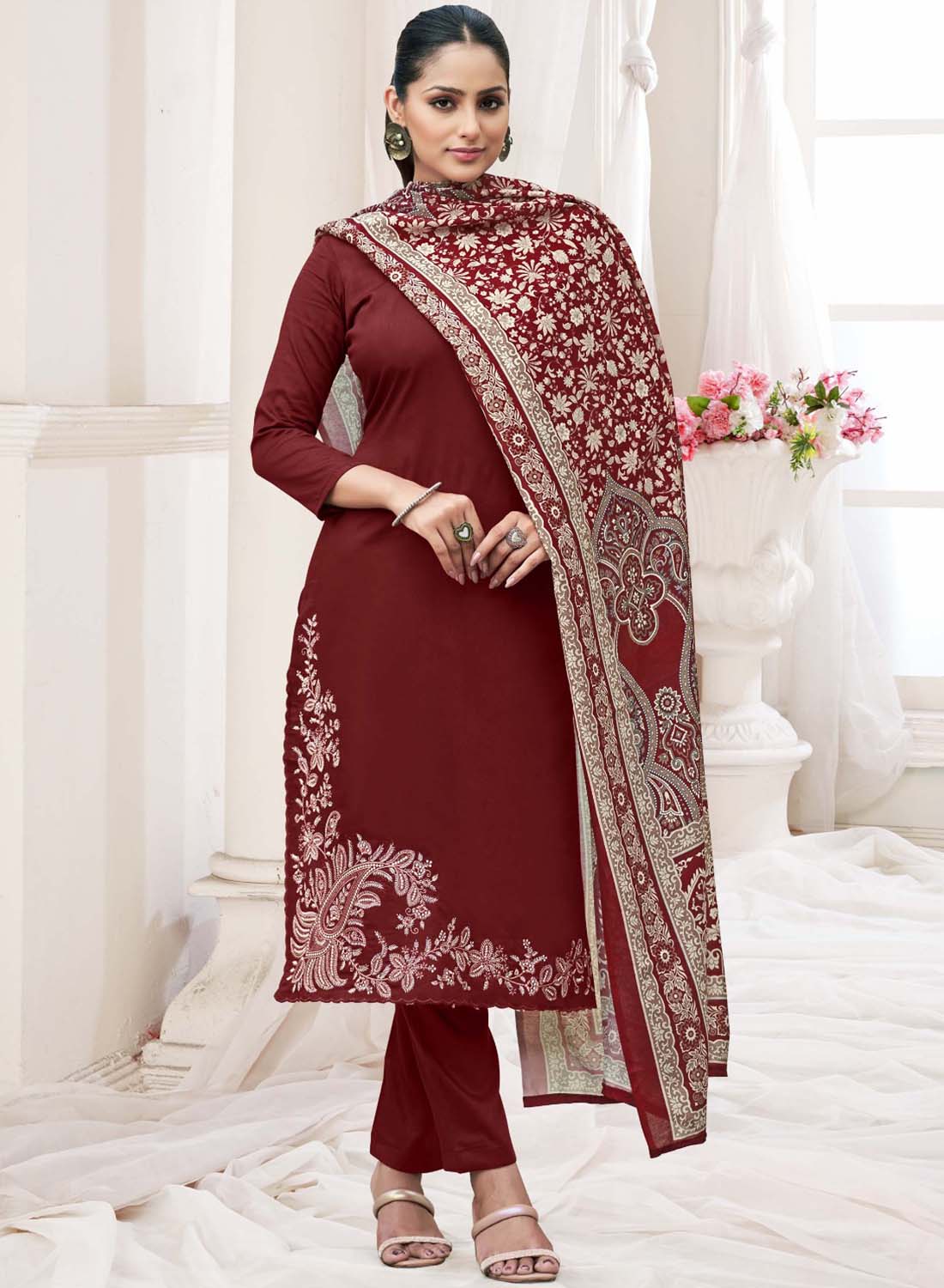 Maroon Unstitched Woolen Pashmina Winter Suit Dress Material with Embroidery