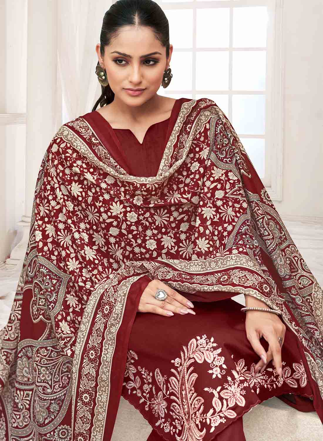 Maroon Unstitched Woolen Pashmina Winter Suit Dress Material with Embroidery