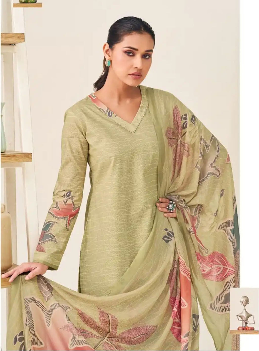 Pure Lawn Cotton Green Unstitched Suit Set Material with Muslin Dupatta