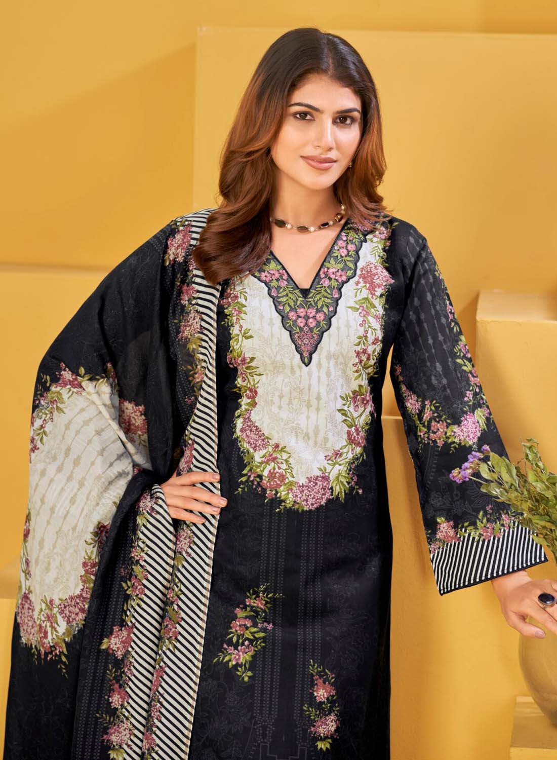 Pakistani Unstitched Cotton Suit Material for Women with Neck Embroidery Black
