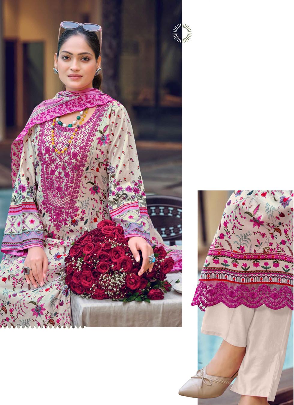 Cream Unstitched Cotton Pakistani Suit Material with Cutwork Dupatta