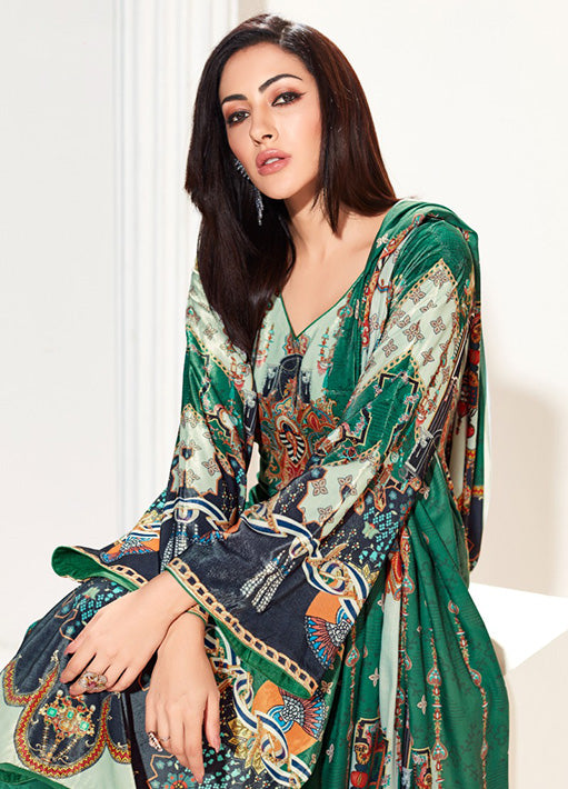 Yesfab Unstitched Green Printed Winter Velvet Suit Material for Ladies YesFab