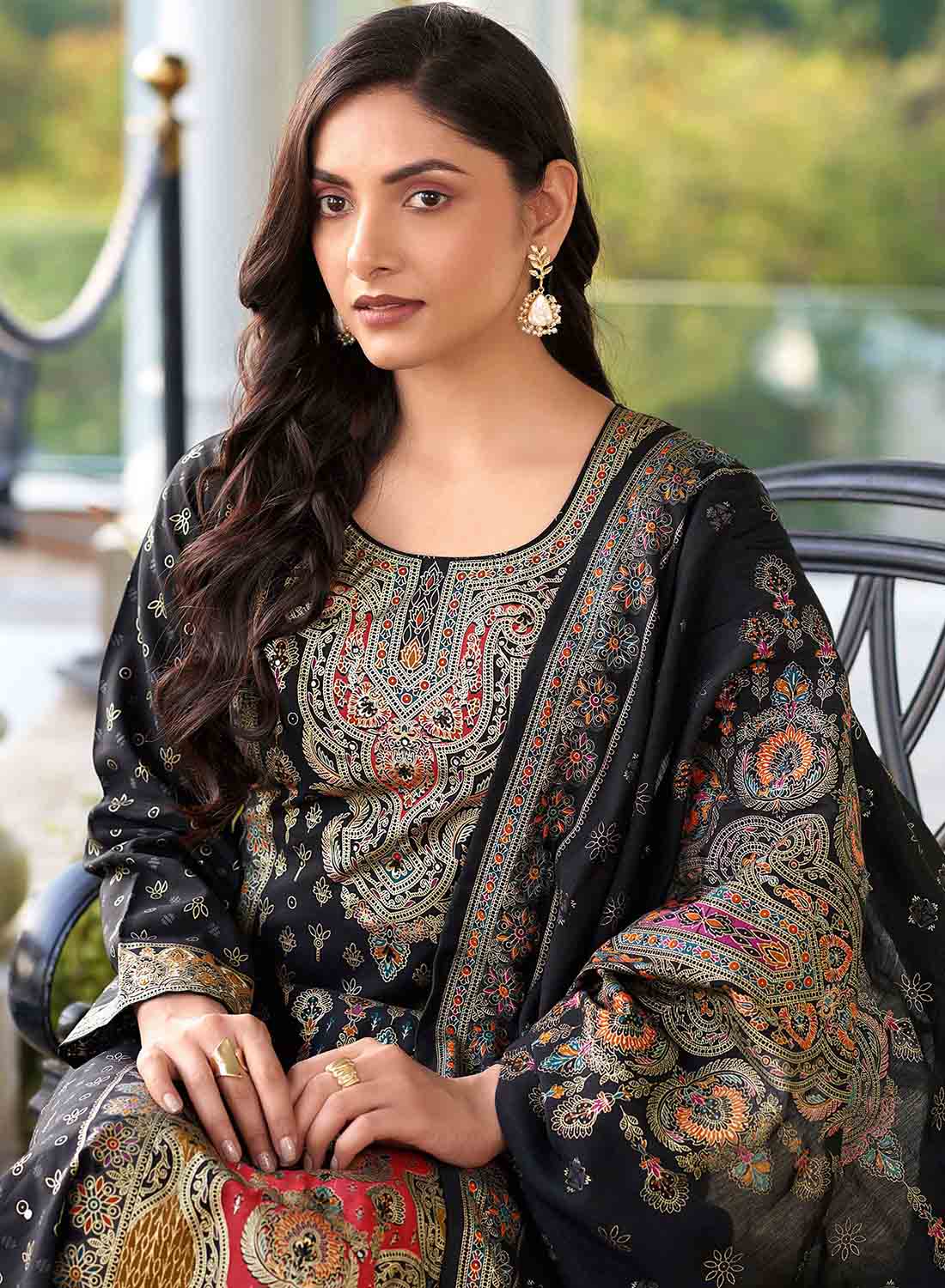 Black Pakistani Unstitched Muslin Salwar Suit Material with Gold Print for Women