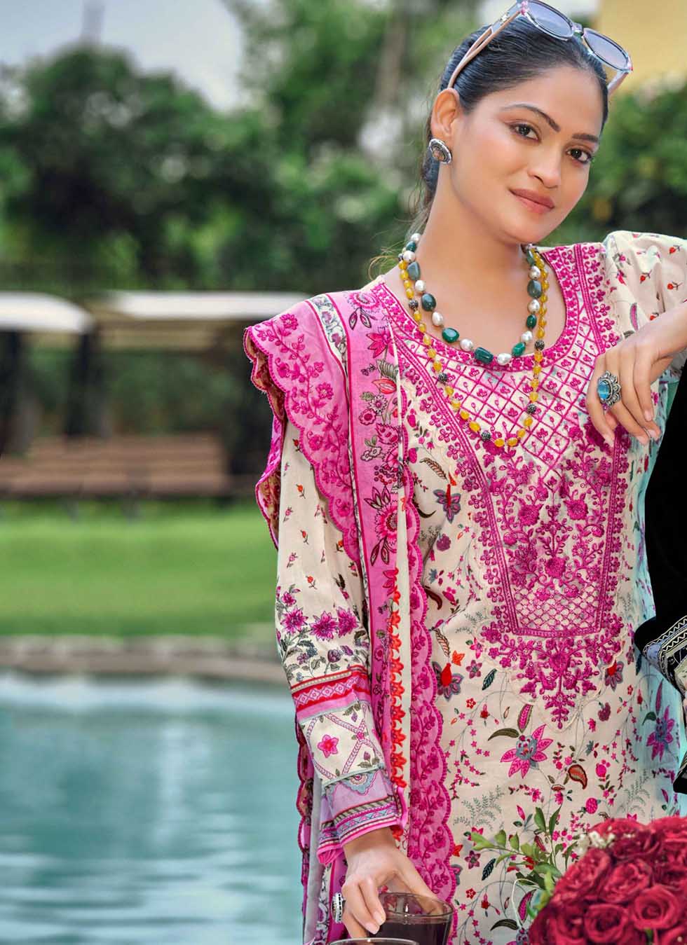 Cream Unstitched Cotton Pakistani Suit Material with Cutwork Dupatta