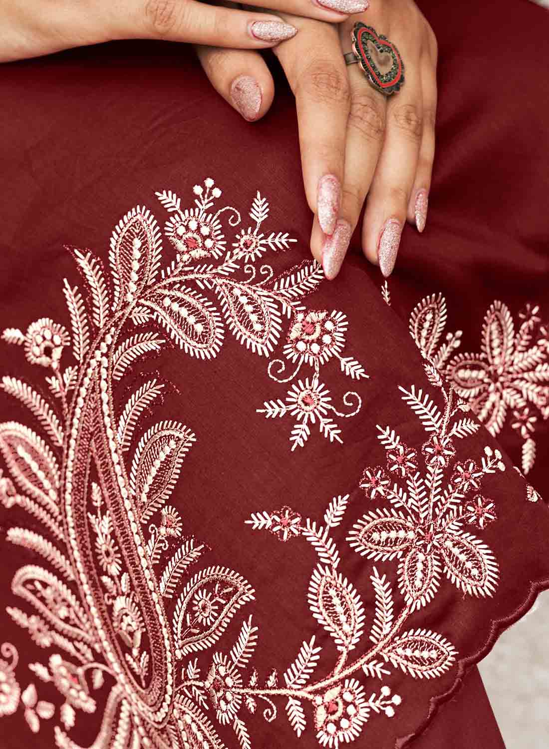 Maroon Unstitched Woolen Pashmina Winter Suit Dress Material with Embroidery