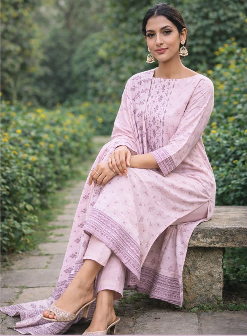 Daily Wear Pure Cotton Printed Pink Unstitched Suit Material for Women