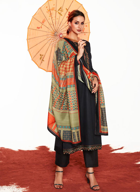 Mumtaz Arts Pure Cotton Satin Women Black Suit Unstitched