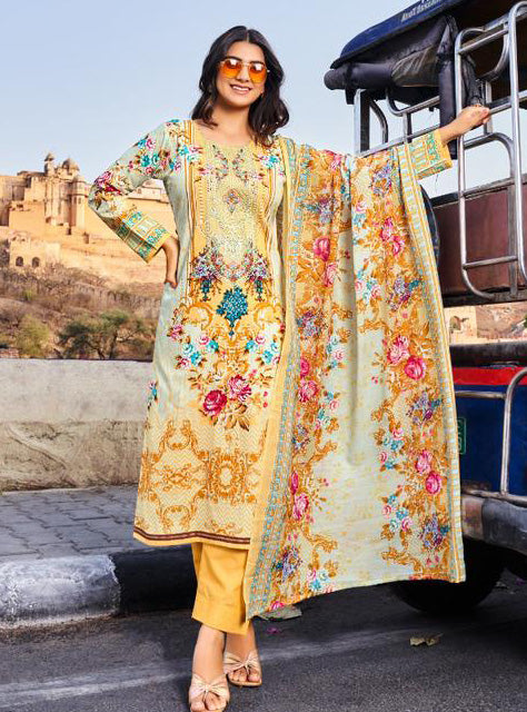 Yellow Pure Cotton Cambric Pakistani Print Unstitched Suit Set for Women