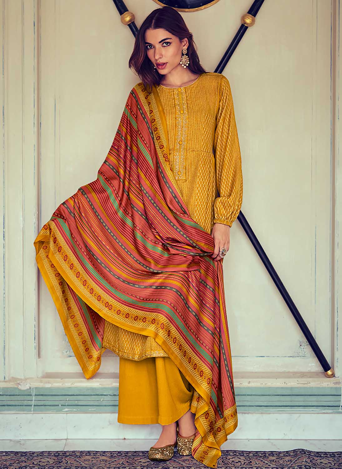 Mumtaz Arts Unstitched Yellow Pashmina Winter Suit with Embroidery