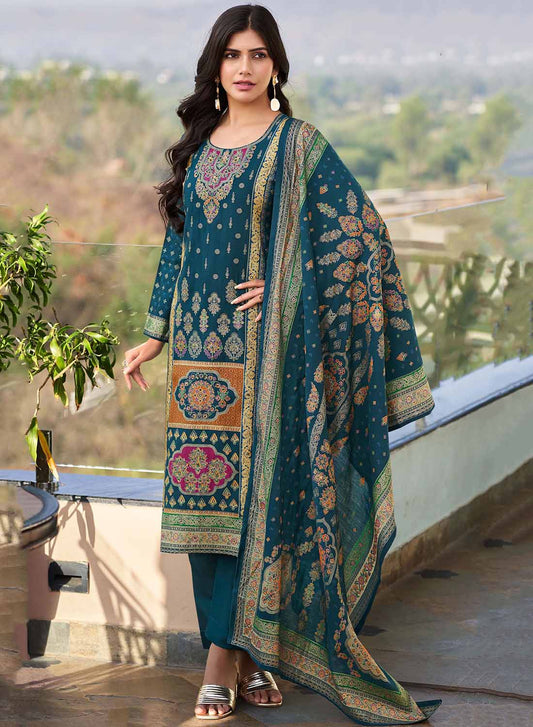 Teal Pakistani Unstitched Muslin Salwar Suit Material with Gold Print for Women