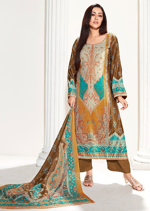 Yesfab Unstitched Brown Printed Winter Velvet Suit Material for Ladies YesFab