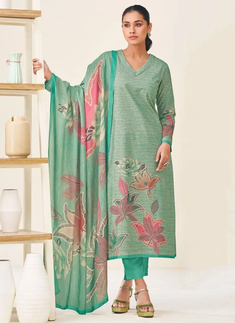Pure Lawn Cotton Unstitched Suit Set Dress Material with Muslin Dupatta