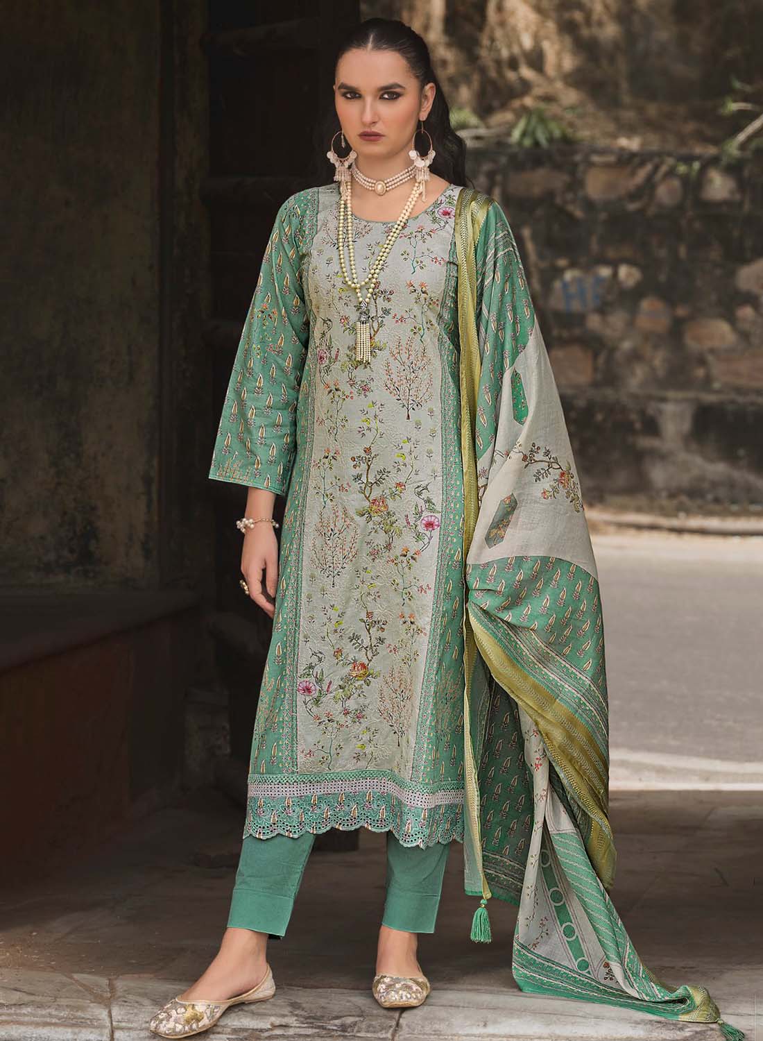 Pure Lawn Cotton Unstitched Salwar Suit Set Material with Embroidery