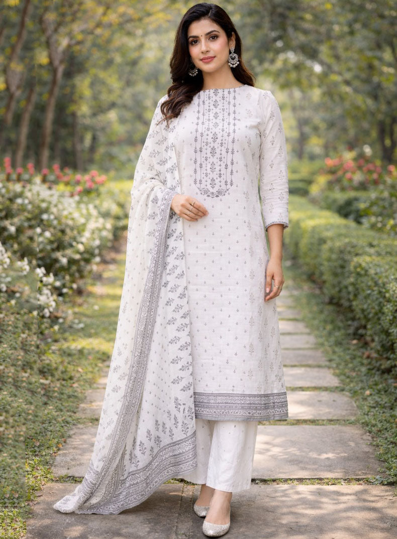 Daily Wear Off-White Pure Cotton Printed Unstitched Suit Material