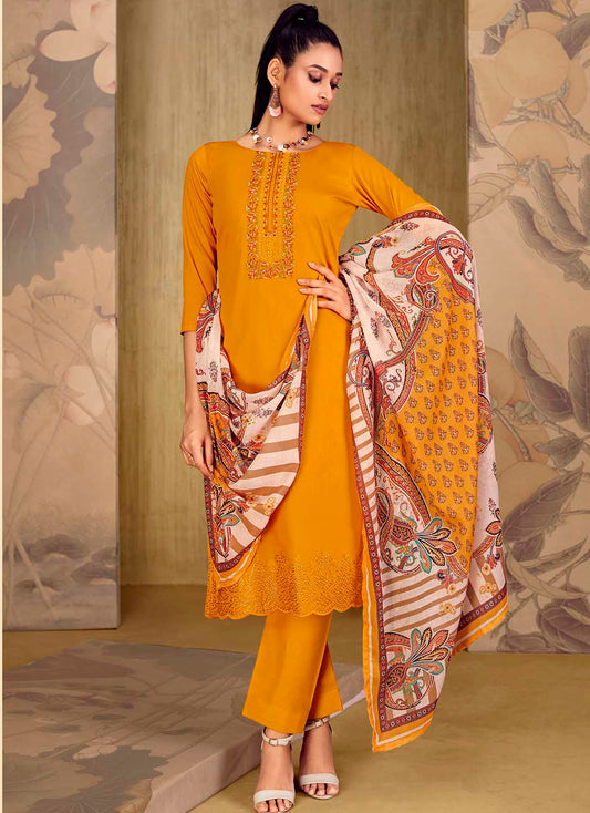 Belliza Women's Unstitched Yellow Cotton Suit Dress Material