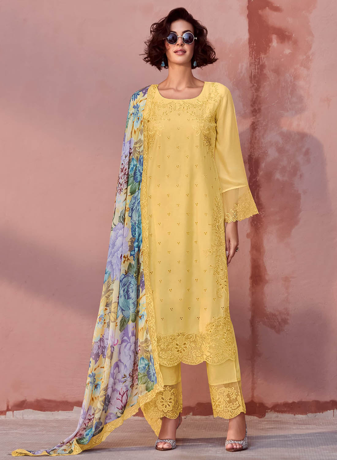 Party Wear Pure Muslin Yellow Unstitched Salwar Suit Set for Women