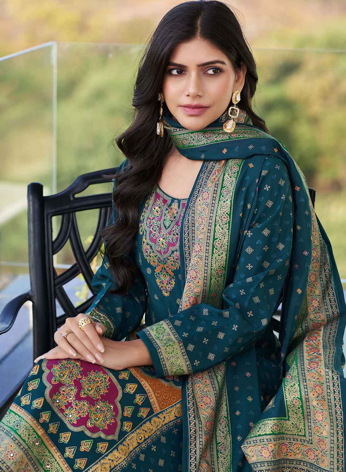 Teal Pakistani Unstitched Muslin Salwar Suit Material with Gold Print for Women