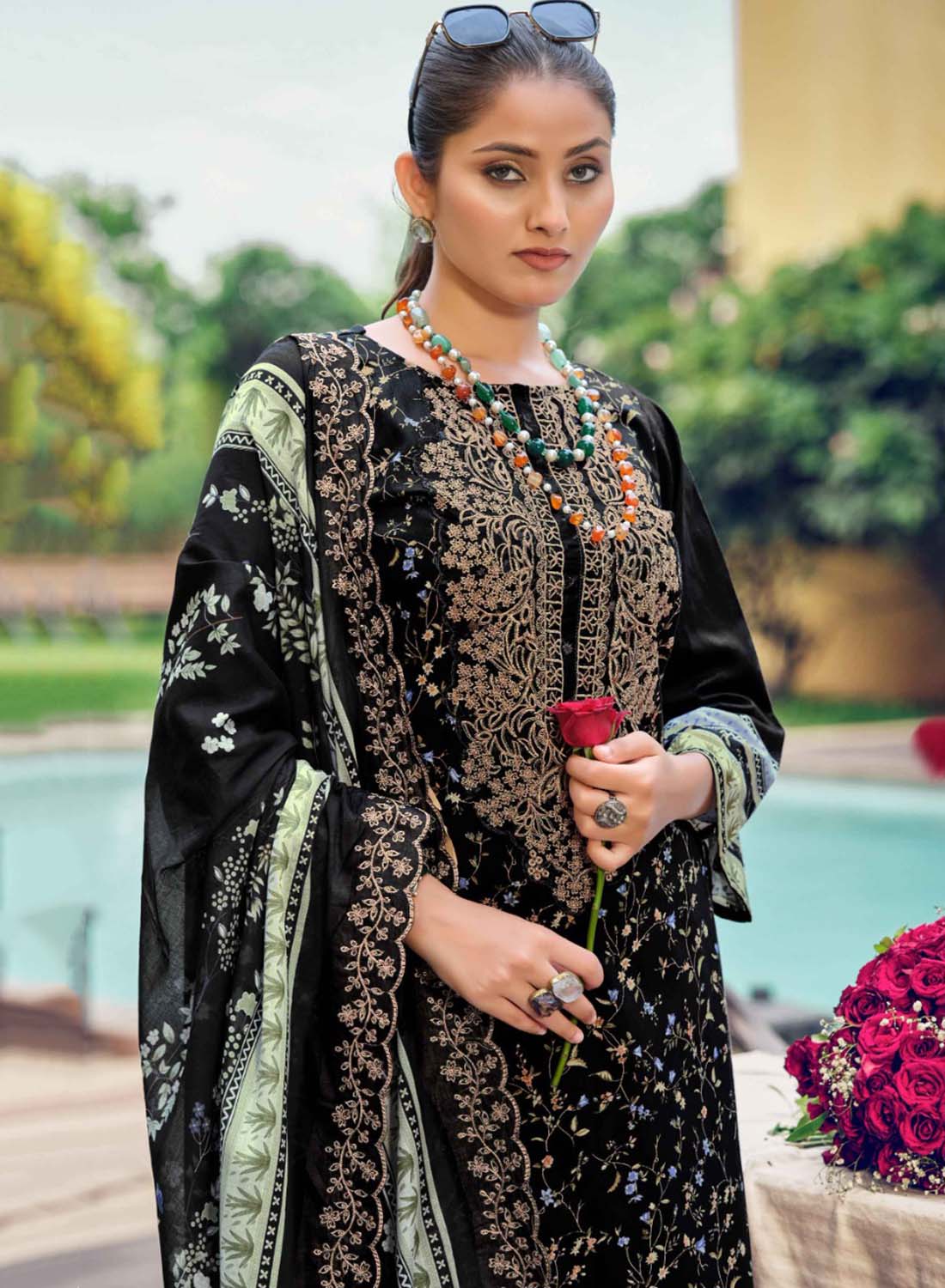 Black Unstitched Cotton Pakistani Suit Material with Cutwork Dupatta
