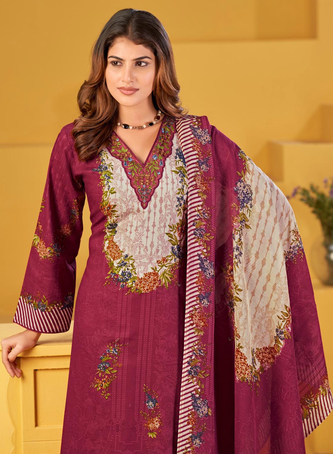 Pakistani Unstitched Suit Dress Material with Embroidered Neck for Women