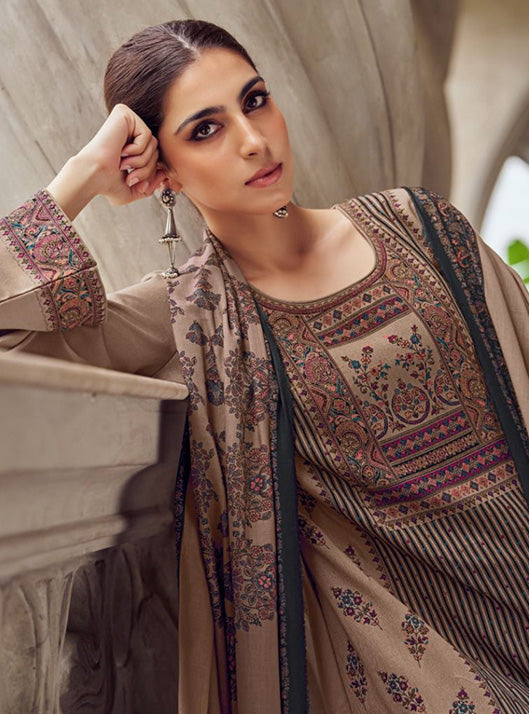 Brown Unstitched Pure Pashmina Woven Winter Suit Dress Material for Women