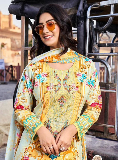 Yellow Pure Cotton Cambric Pakistani Print Unstitched Suit Set for Women