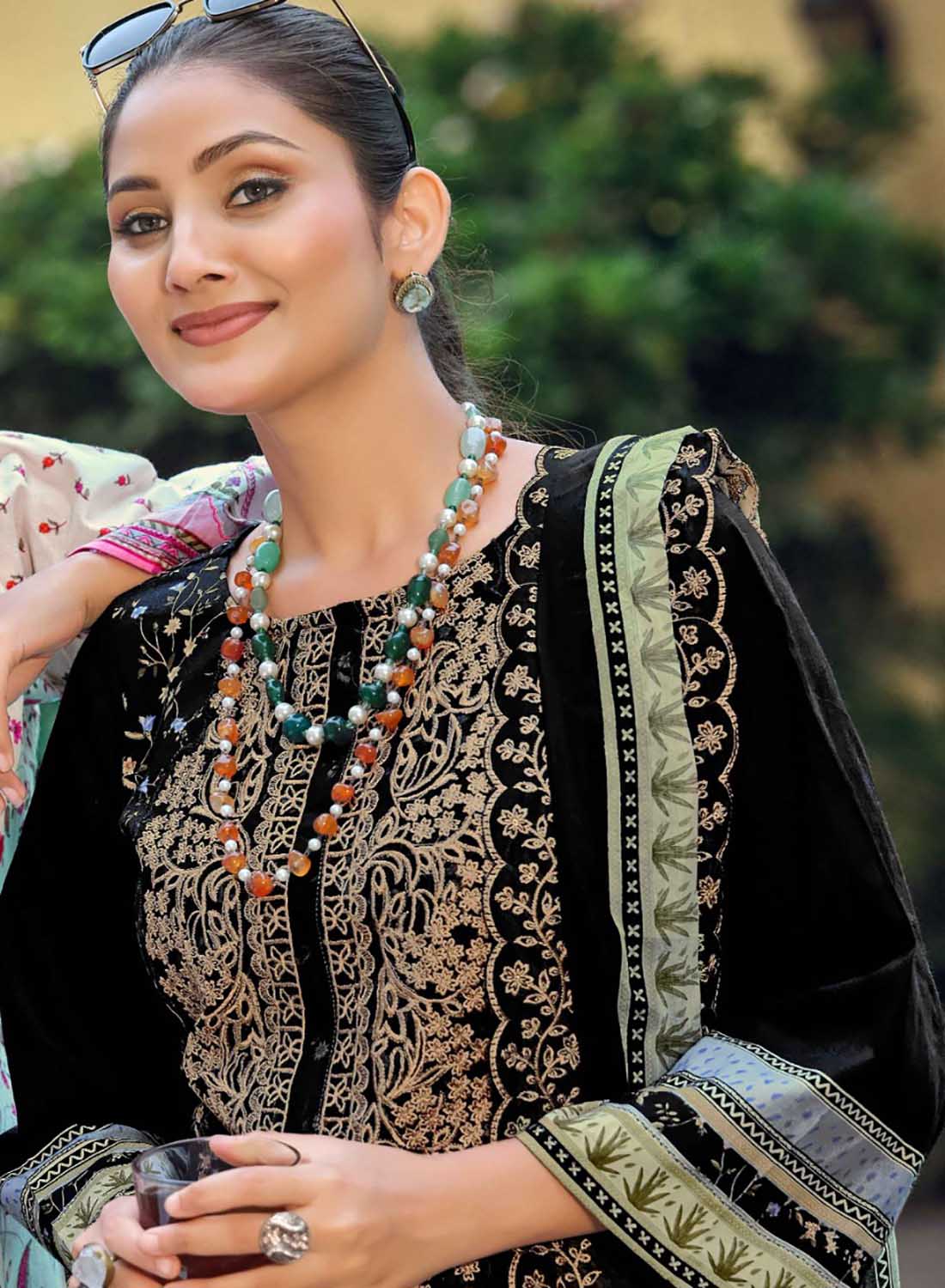 Black Unstitched Cotton Pakistani Suit Material with Cutwork Dupatta