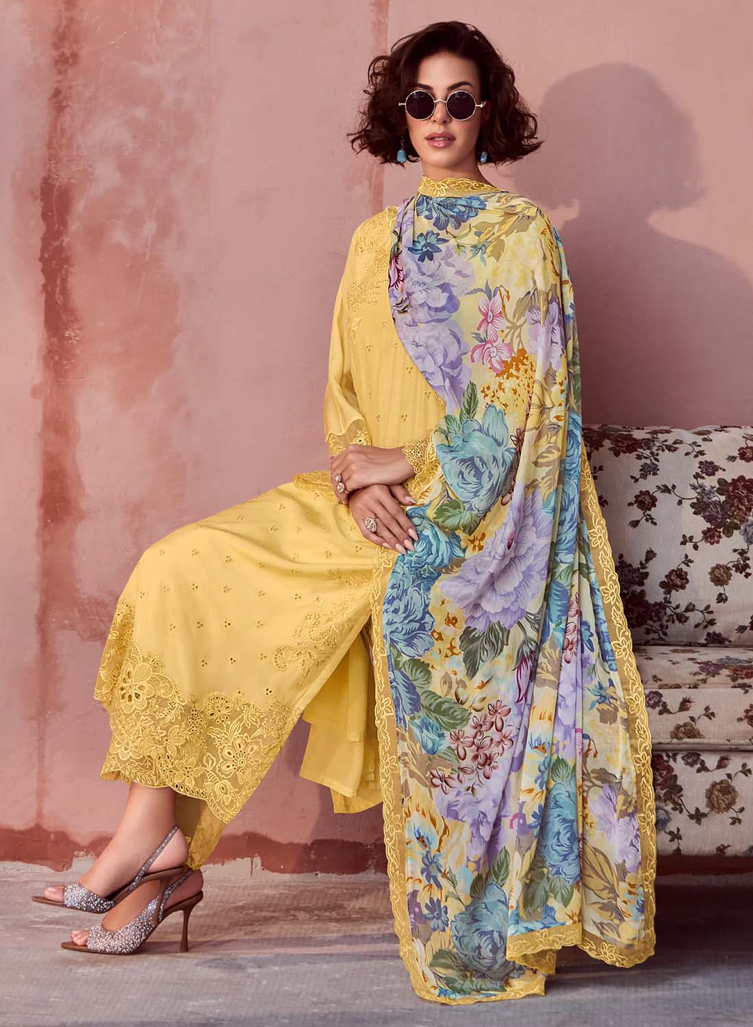 Party Wear Pure Muslin Yellow Unstitched Salwar Suit Set for Women