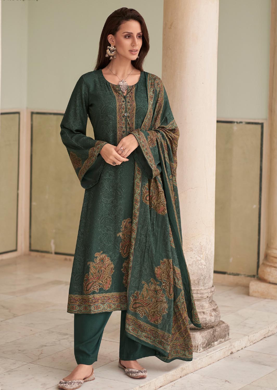 Mumtaz Arts Pure Pashmina Green Winter Suits Dress Material for Women Mumtaz Arts