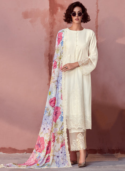 Party Wear Pure Muslin White Unstitched Salwar Suit Set for Women