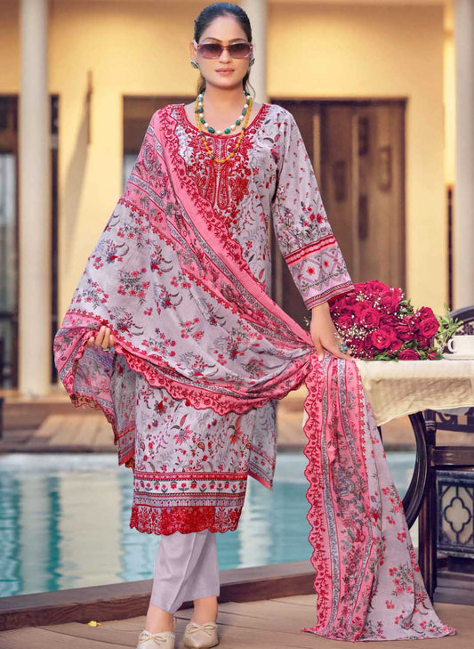 Purple Unstitched Cotton Pakistani Suit Material with Cutwork Dupatta