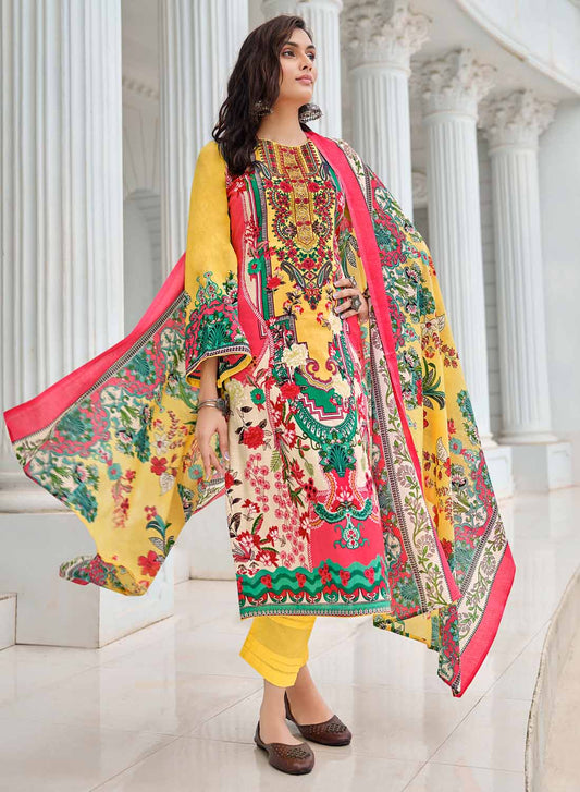 Yellow Pure Cotton Cambric Pakistani Print Unstitched Suit Material