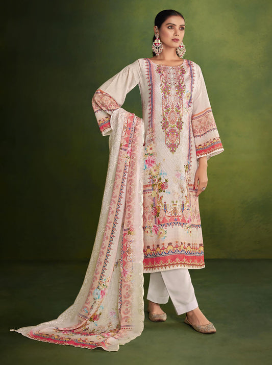 Belliza Cream Cotton Pakistani Print Unstitched Women Suit Material Belliza