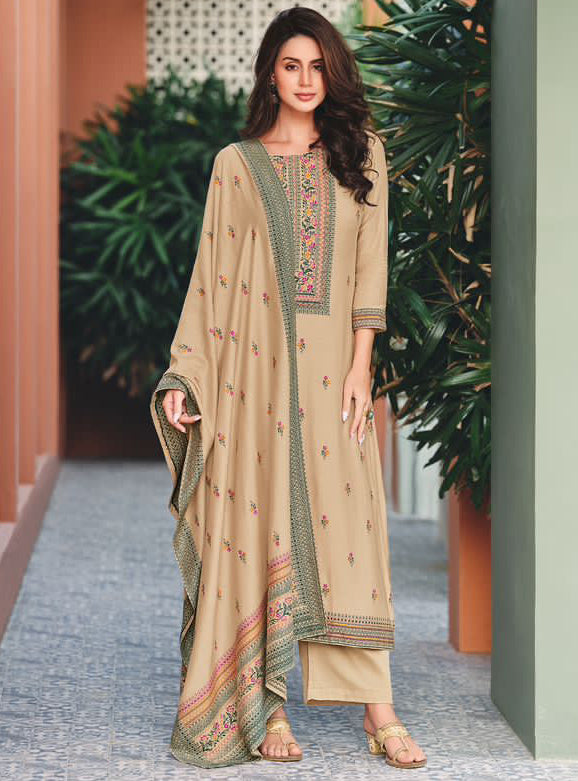 Beige Winter Pashmina Woolen Suit Dress Material for Ladies Avon