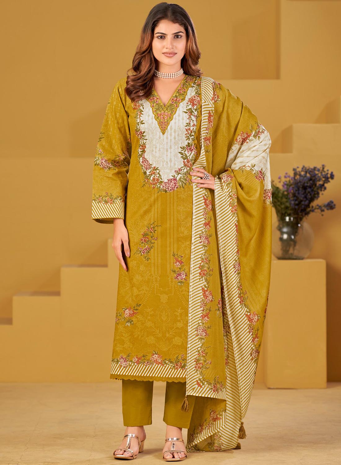 Pakistani Unstitched Suit Dress Material with Embroidered Neck Mustard