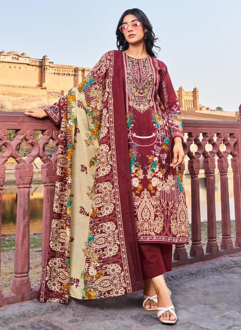 Maroon Pure Cotton Cambric Pakistani Print Unstitched Suit Set for Women