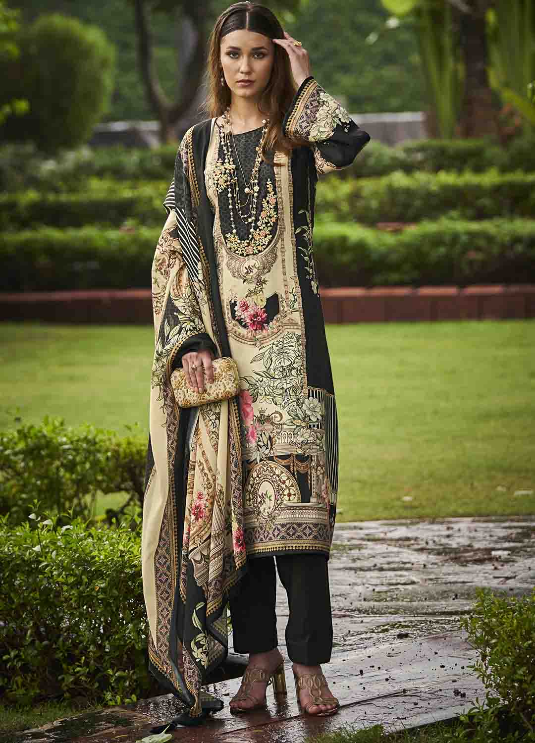 Sadhana Black Unstitched Pashmina Winter Suit Materials for Women Sadhana