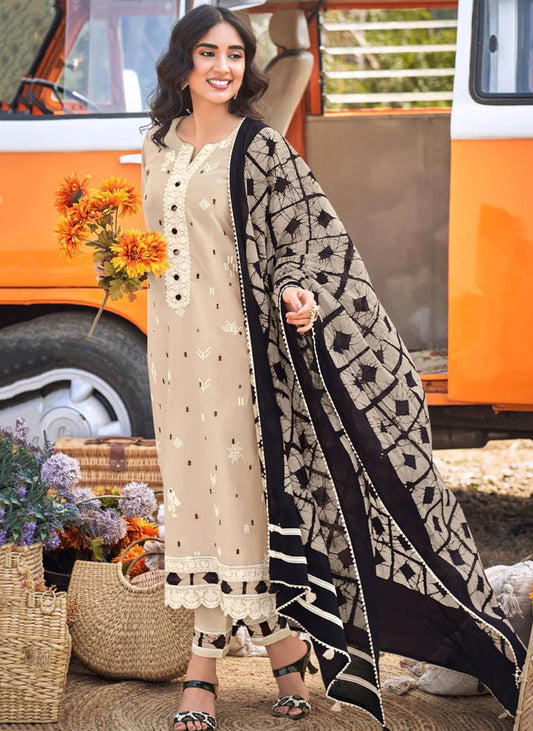 Pure Cotton Block Print Beige Unstitched Suit Dress Material
