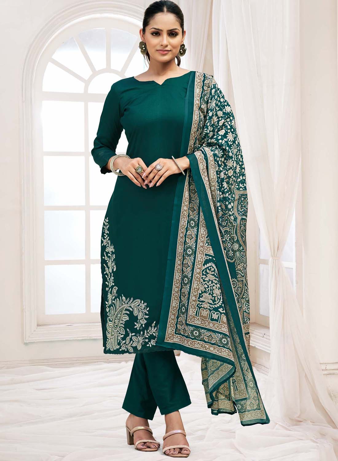 Green Unstitched Woolen Pashmina Winter Suit Dress Material with Embroidery