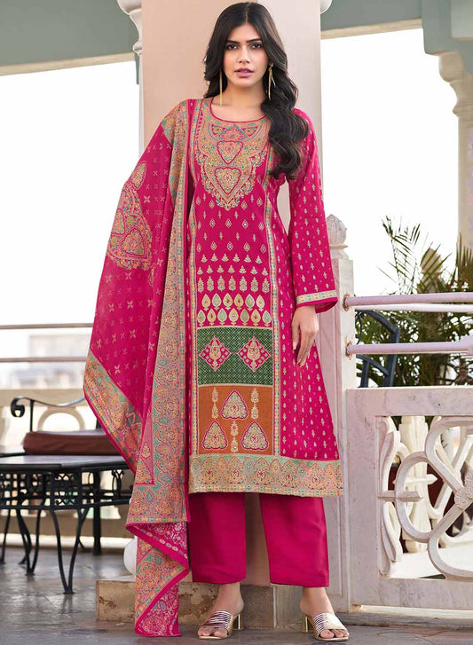 Pink Pakistani Unstitched Muslin Salwar Suit Material with Gold Print for Women