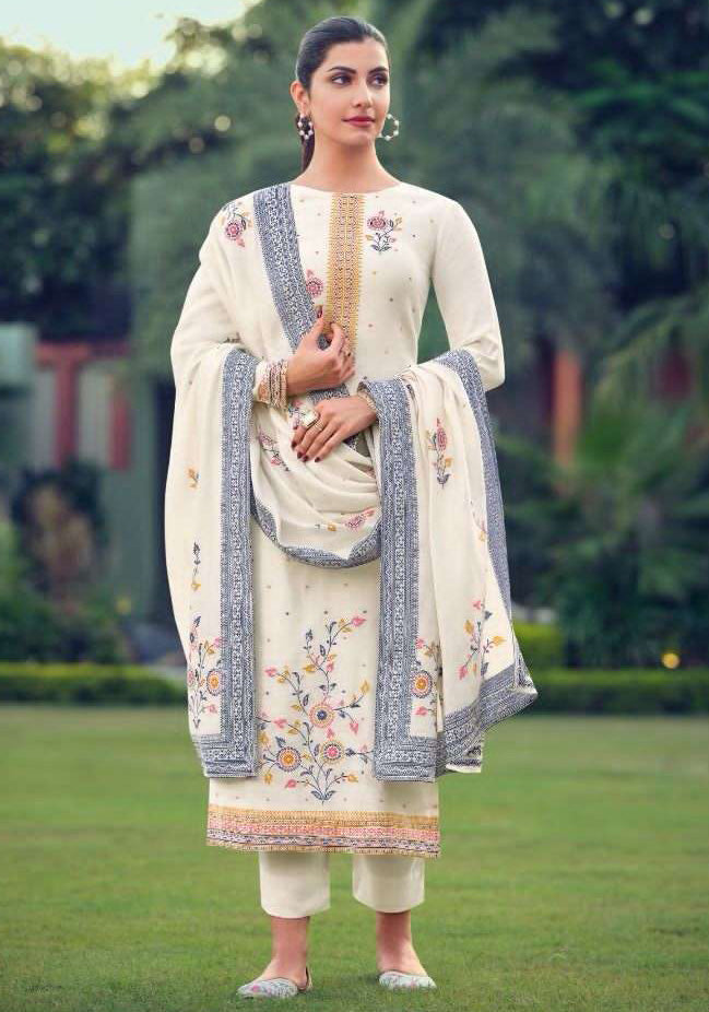 Unstitched Printed White Pashmina Winter Suit Dress Material for Women Avon