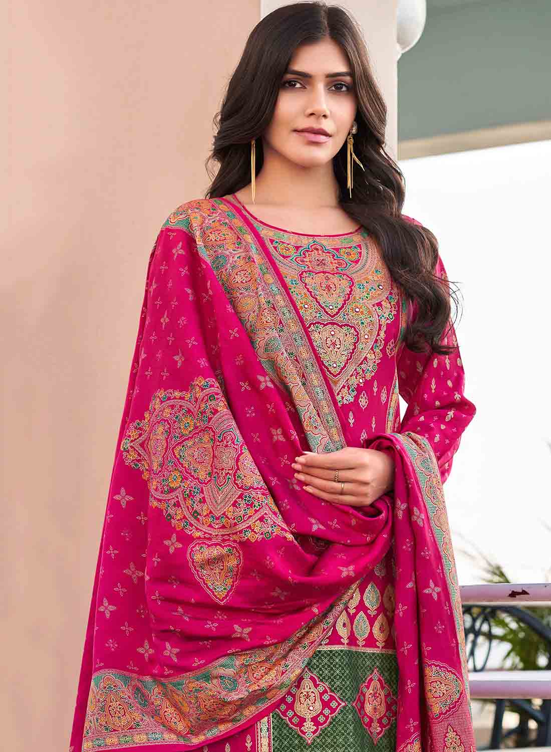 Pink Pakistani Unstitched Muslin Salwar Suit Material with Gold Print for Women