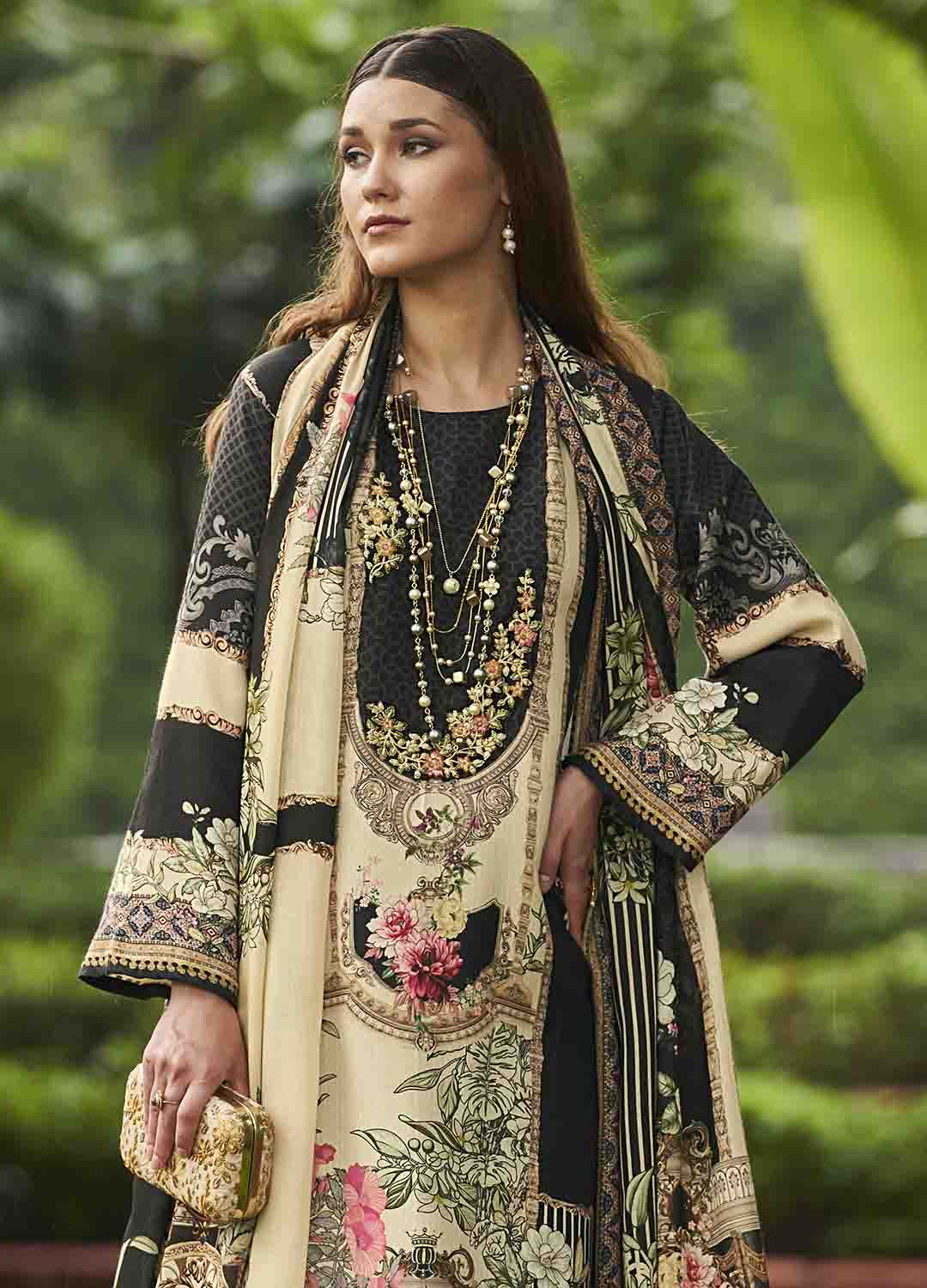 Sadhana Black Unstitched Pashmina Winter Suit Materials for Women Sadhana