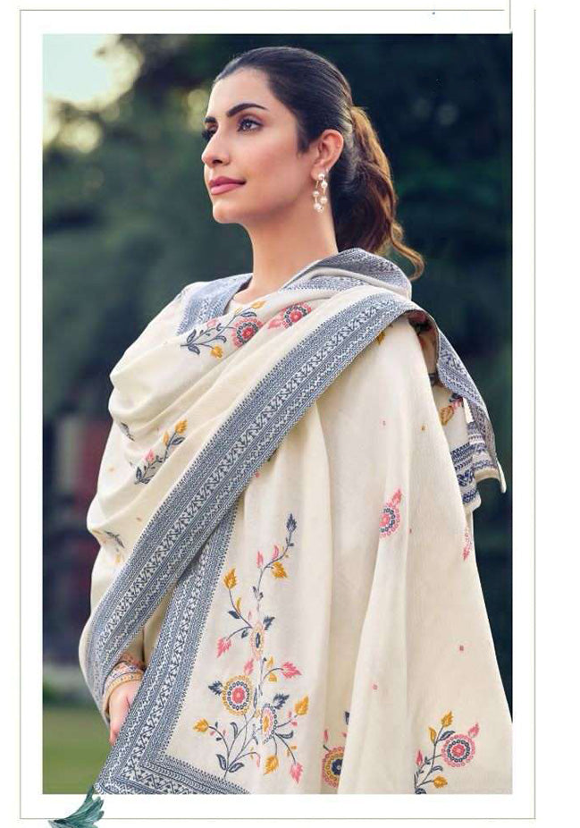 Unstitched Printed White Pashmina Winter Suit Dress Material for Women Avon