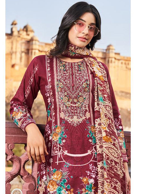 Maroon Pure Cotton Cambric Pakistani Print Unstitched Suit Set for Women