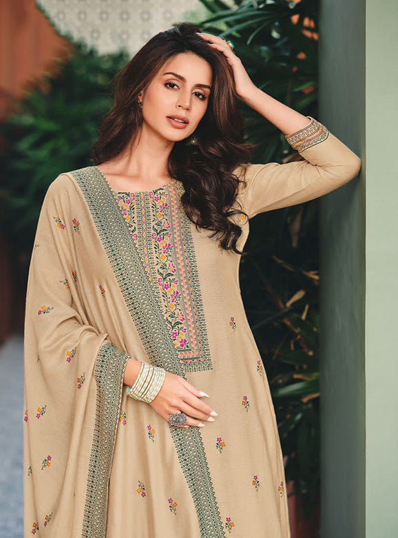 Beige Winter Pashmina Woolen Suit Dress Material for Ladies Avon