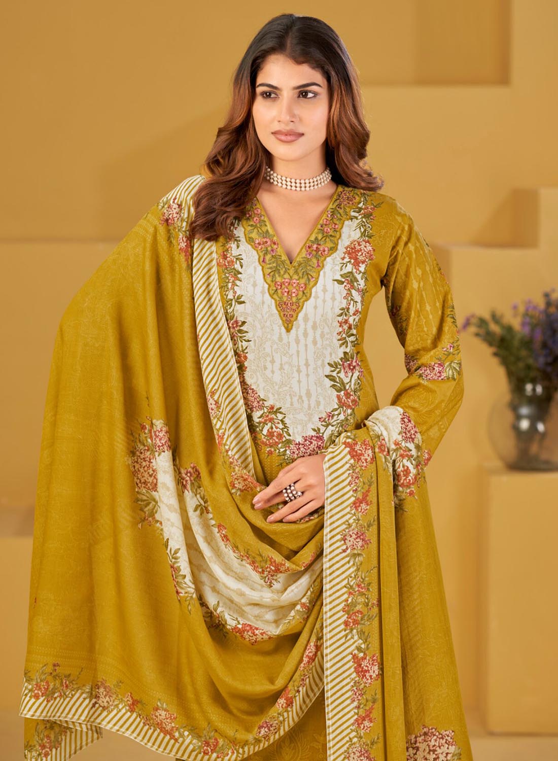 Pakistani Unstitched Suit Dress Material with Embroidered Neck Mustard