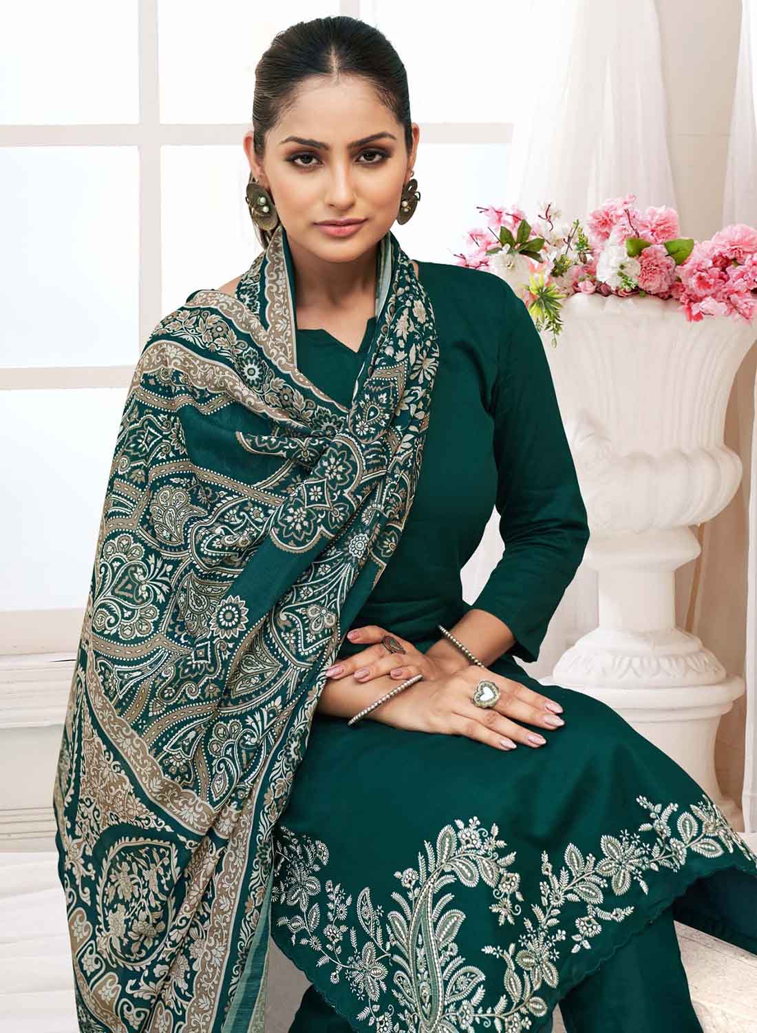 Green Unstitched Woolen Pashmina Winter Suit Dress Material with Embroidery